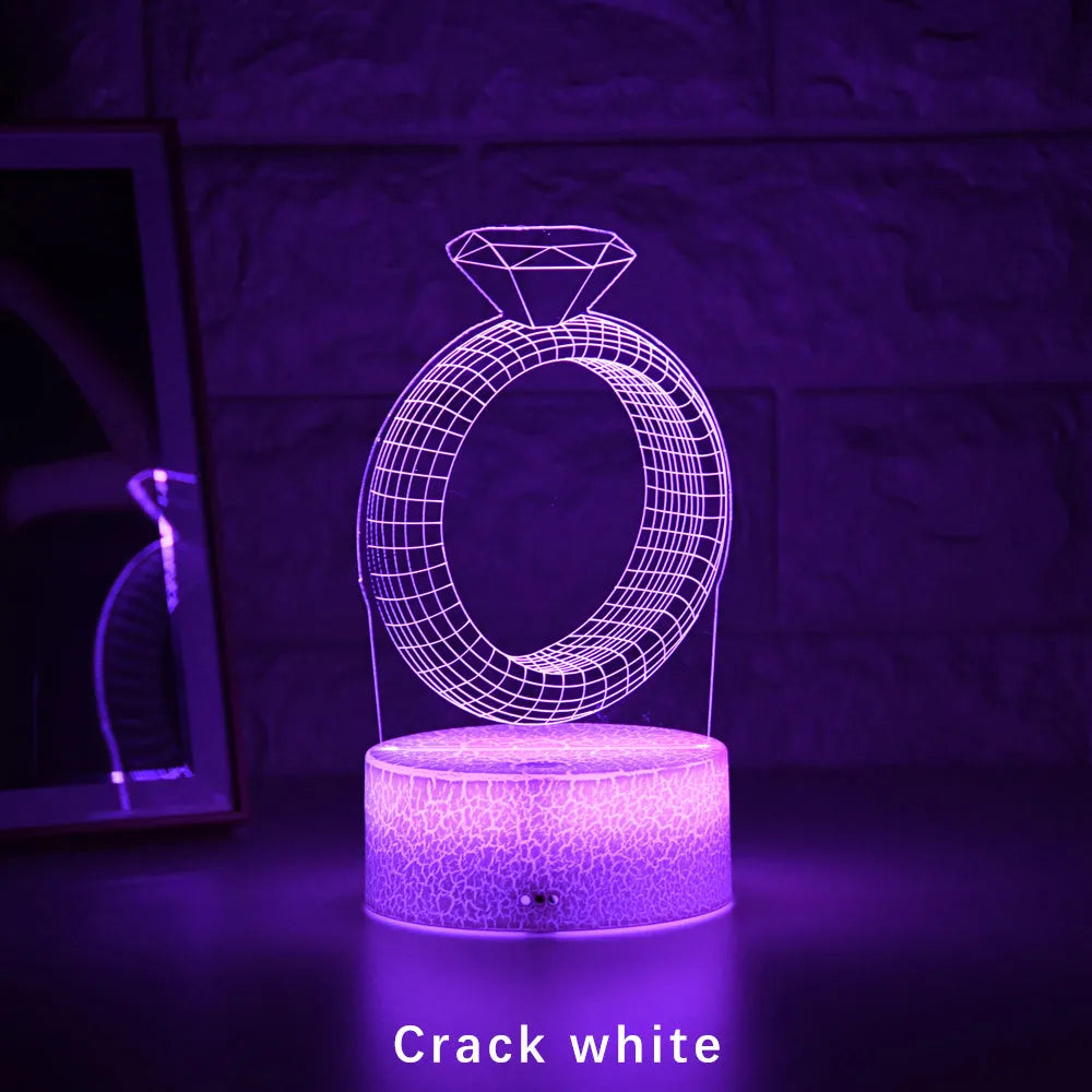 3D diamond ring LED night light with colour-changing lights on black or white base