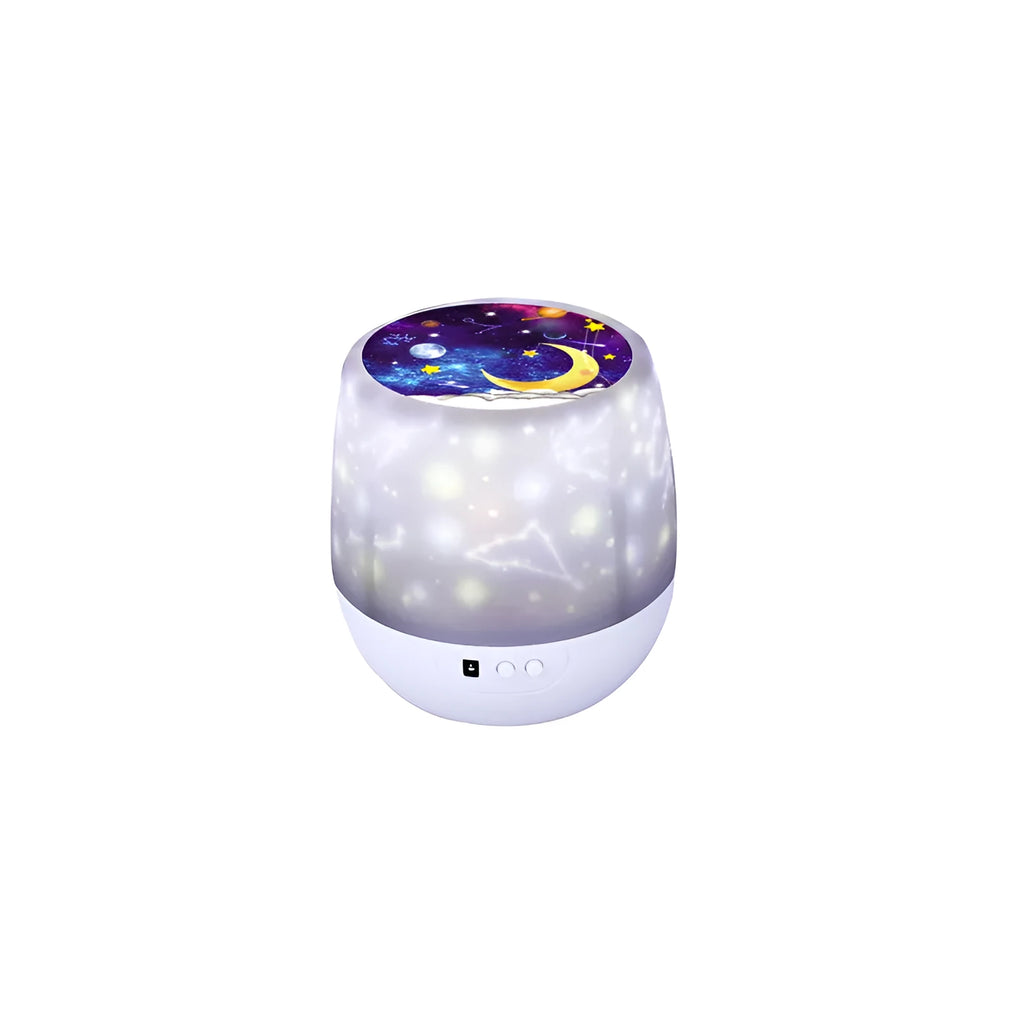 Pruixin rotating LED projector night light showing star patterns on a bedroom wall