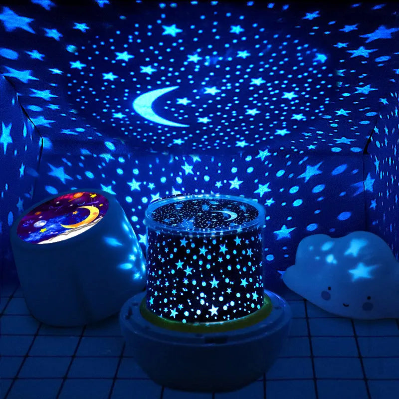 Pruixin rotating LED projector night light showing star patterns on a bedroom wall