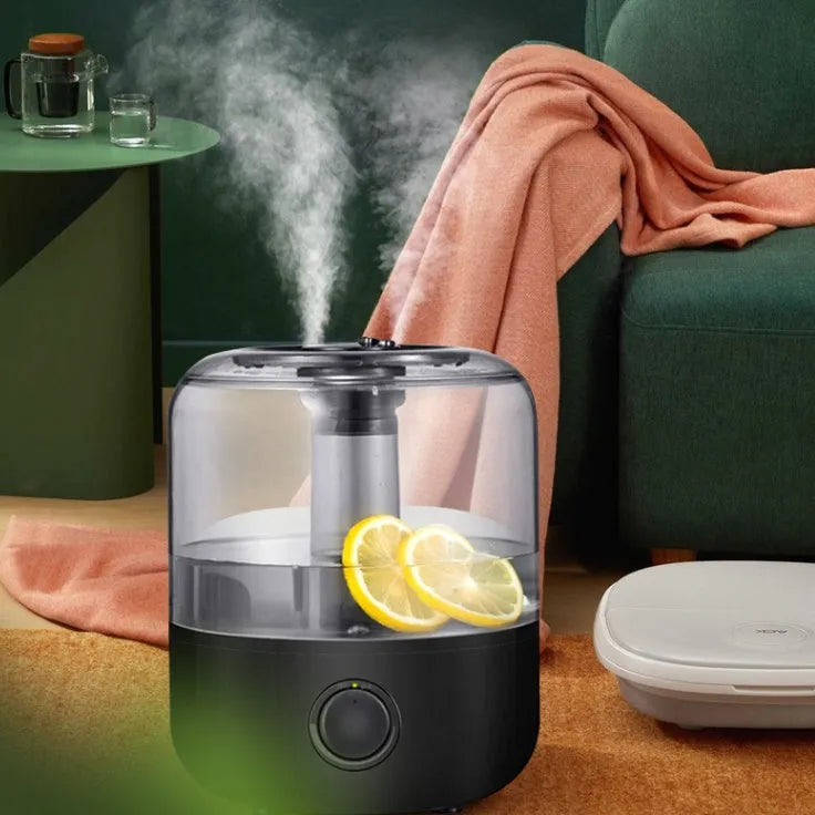White or black ultrasonic humidifier with 3L tank and compact bedside dimensions