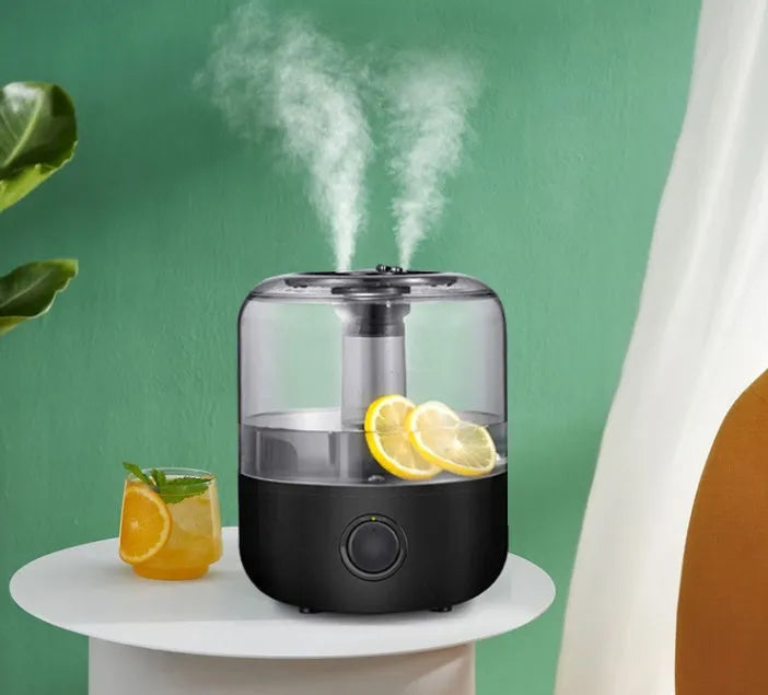 White or black ultrasonic humidifier with 3L tank and compact bedside dimensions