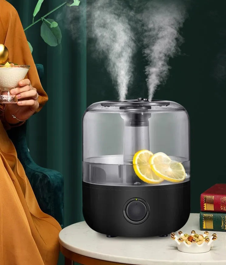 White or black ultrasonic humidifier with 3L tank and compact bedside dimensions