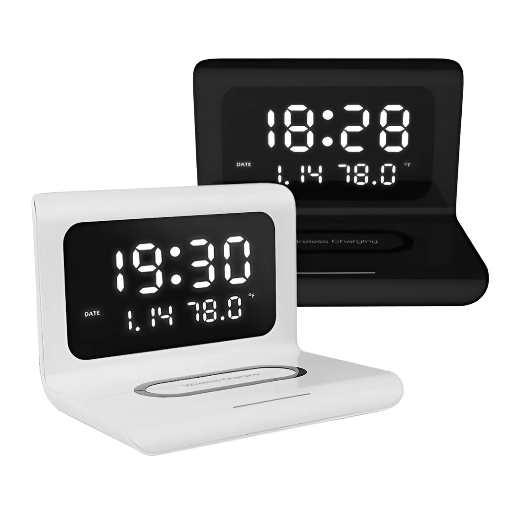 White wireless charger alarm clock displaying time, calendar, temperature and humidity readings