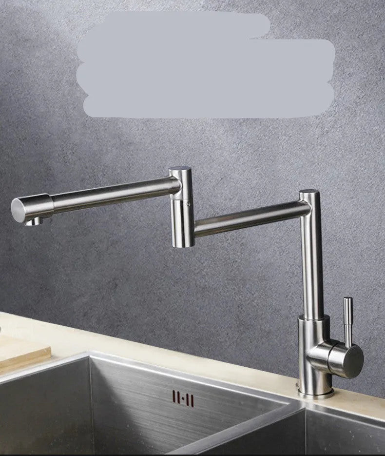 Silver stainless steel kitchen mixer tap with dual lift-up controls and rotating spout