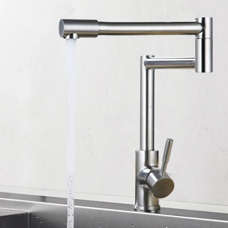 Silver stainless steel kitchen mixer tap with dual lift-up controls and rotating spout