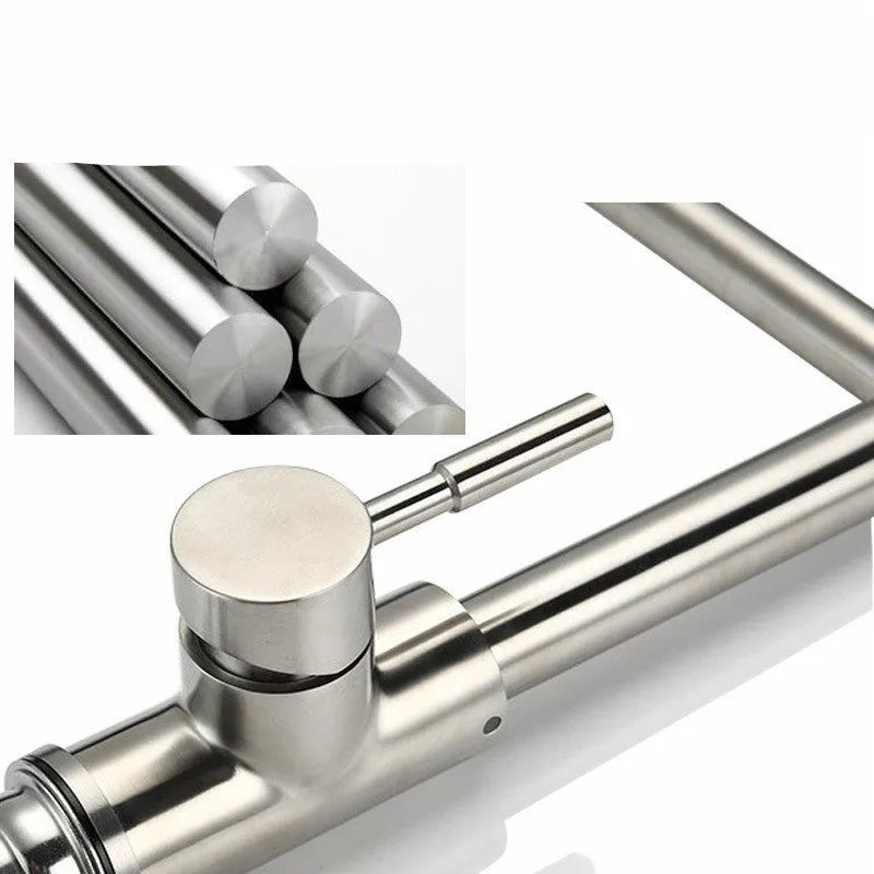 Silver stainless steel kitchen mixer tap with dual lift-up controls and rotating spout
