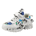 Blue and white boys sports sneakers with Velcro fastening showing rubber sole