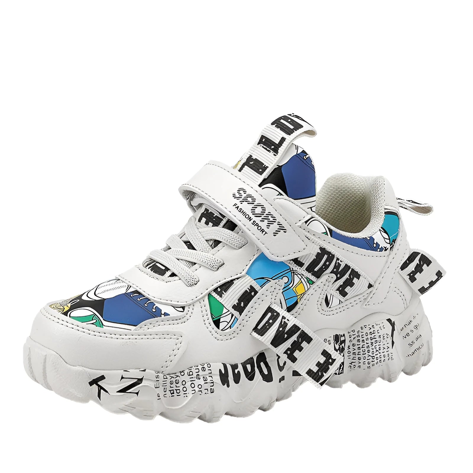 Blue and white boys sports sneakers with Velcro fastening showing rubber sole