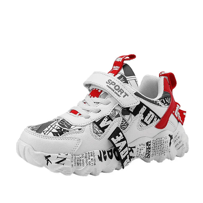 Blue and white boys sports sneakers with Velcro fastening showing rubber sole