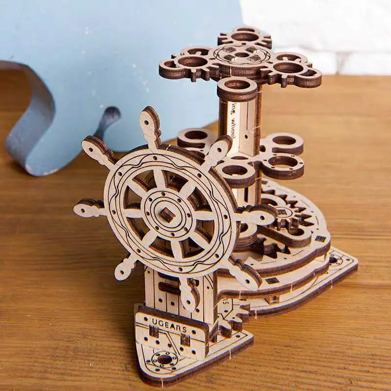Wooden rotating machinery model pen holder with movable parts in natural wood colour