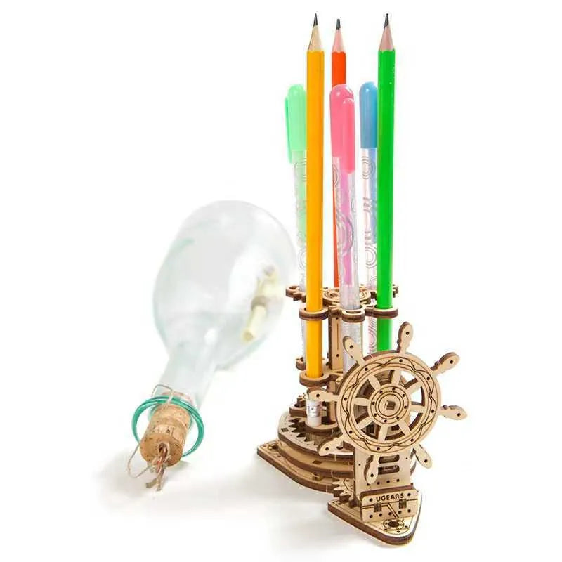 Wooden rotating machinery model pen holder with movable parts in natural wood colour