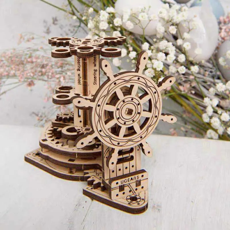 Wooden rotating machinery model pen holder with movable parts in natural wood colour