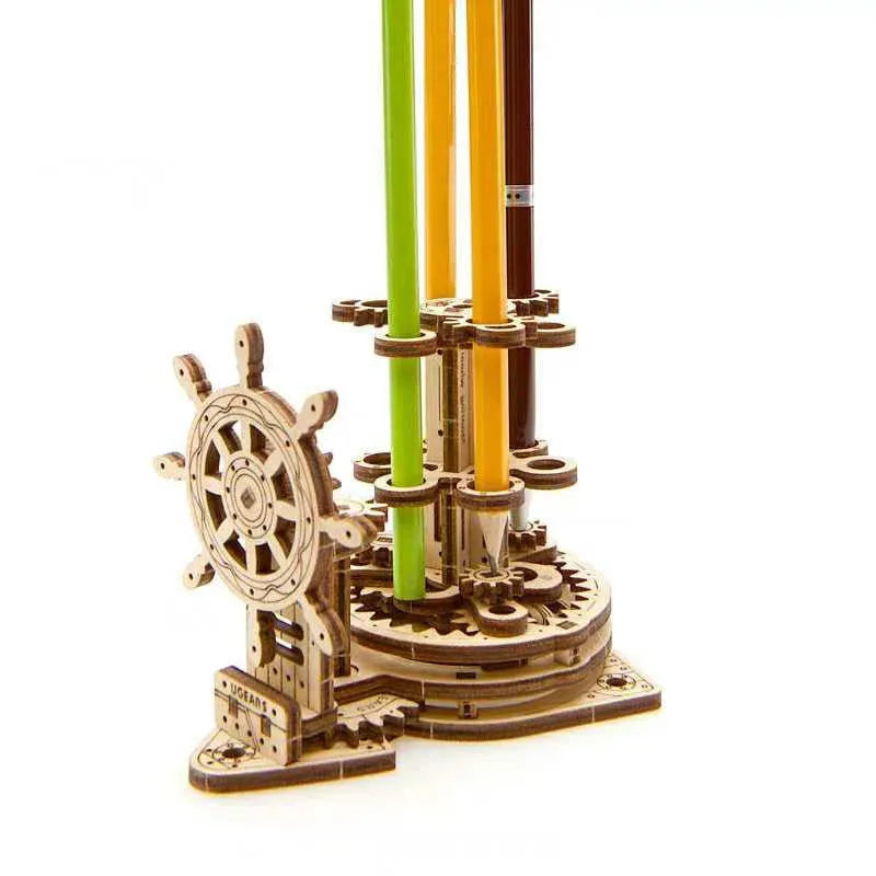 Wooden rotating machinery model pen holder with movable parts in natural wood colour