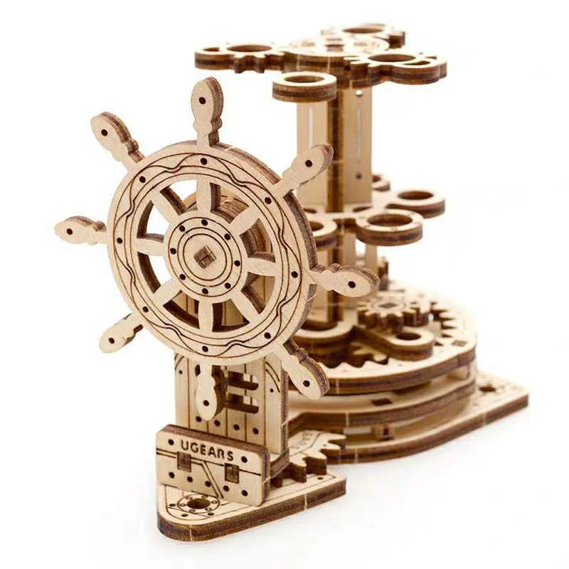 Wooden rotating machinery model pen holder with movable parts in natural wood colour