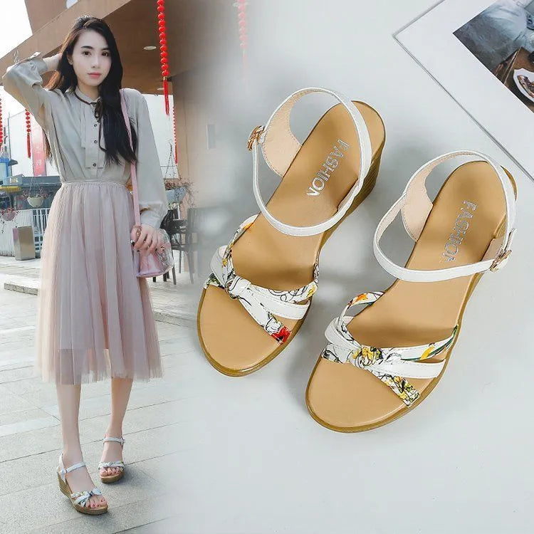 Women's pink wedge sandals with a thick heel, one-strap buckle, and a non-slip sole.