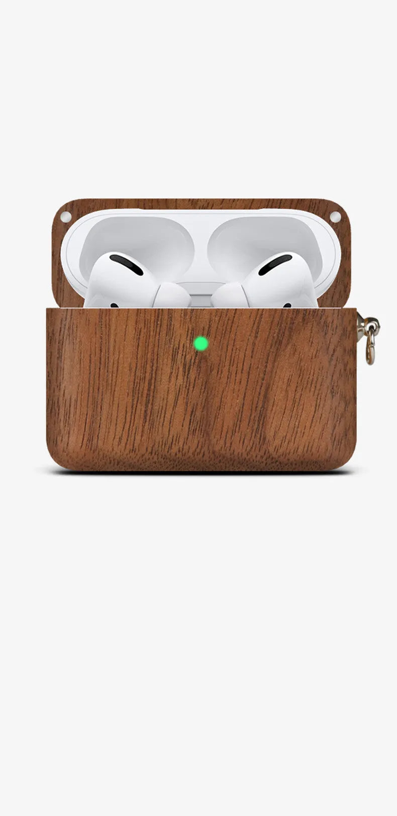 Bluetooth wireless earphones with solid wood hard shell in natural wood finish, compatible with Apple iPhone