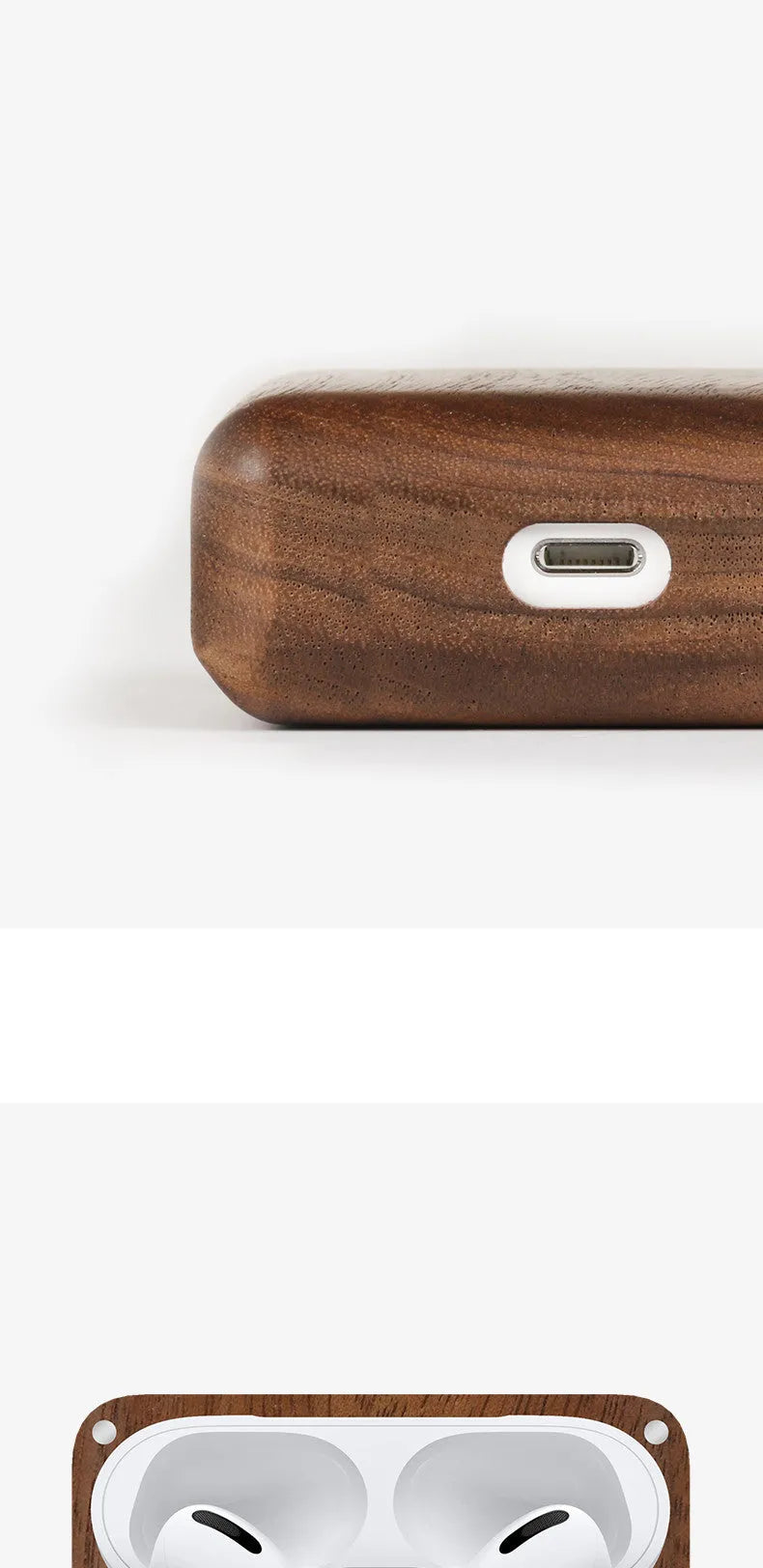 Bluetooth wireless earphones with solid wood hard shell in natural wood finish, compatible with Apple iPhone