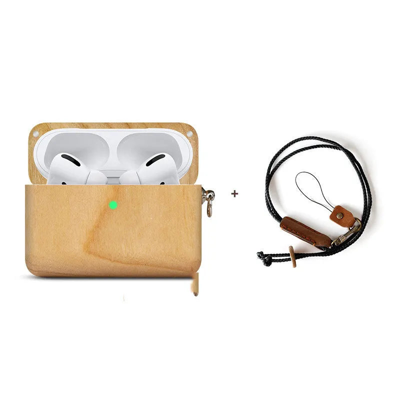 Bluetooth wireless earphones with solid wood hard shell in natural wood finish, compatible with Apple iPhone