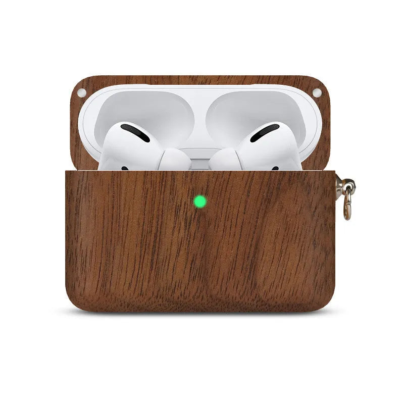 Bluetooth wireless earphones with solid wood hard shell in natural wood finish, compatible with Apple iPhone