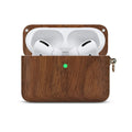 Bluetooth wireless earphones with solid wood hard shell in natural wood finish, compatible with Apple iPhone
