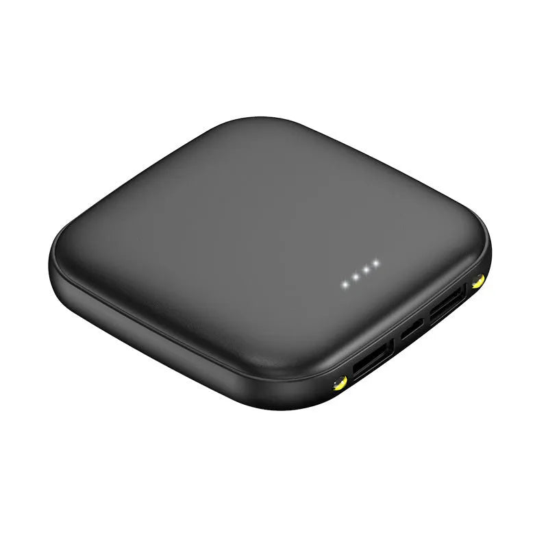 Square mini power bank measuring 82mm with LED flashlight and 20000mAh capacity in black, blue, pink, or white