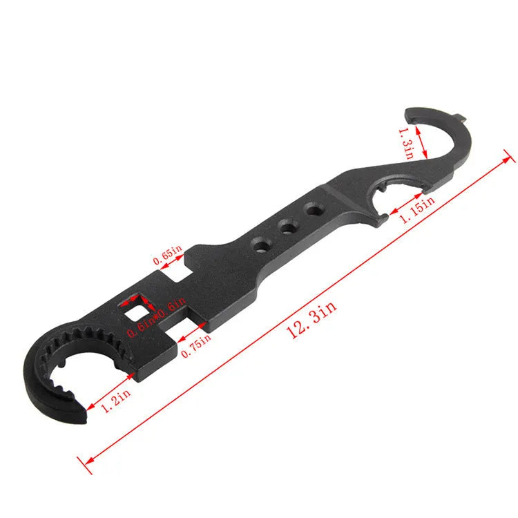 Black combination wrench for AR15 and M4 rifle maintenance made from 40Cr steel