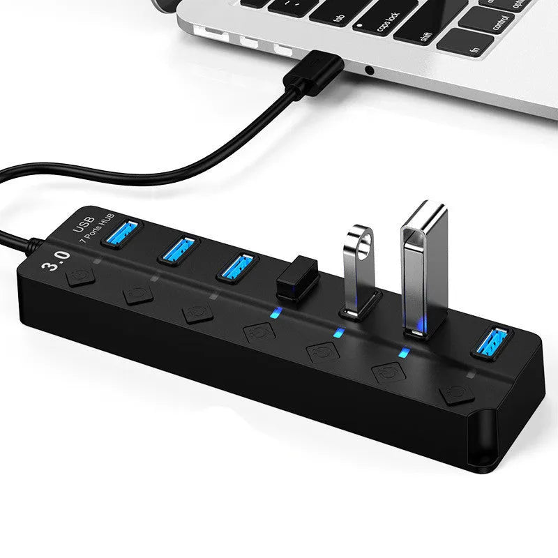 Black 7-port USB 3.0 hub with external power supply for high-speed data transfer