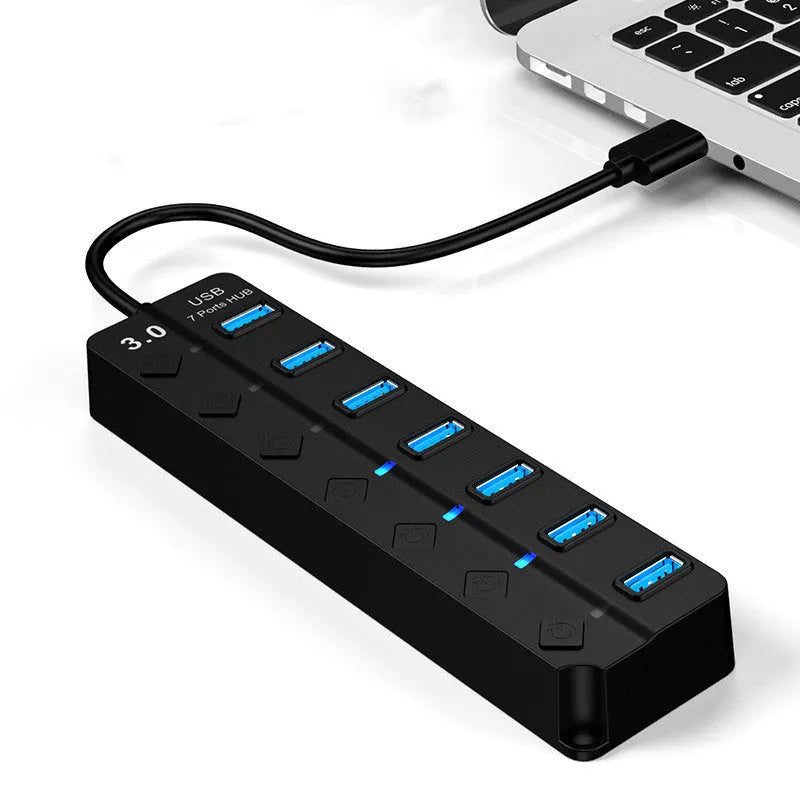 Black 7-port USB 3.0 hub with external power supply for high-speed data transfer