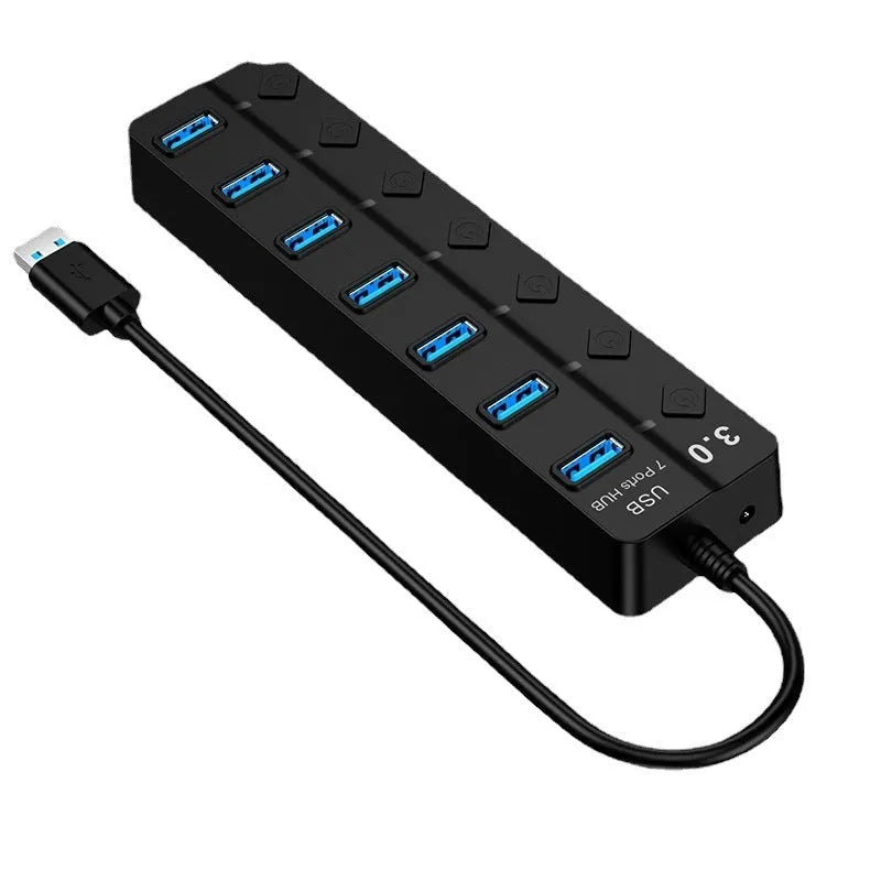 Black 7-port USB 3.0 hub with external power supply for high-speed data transfer
