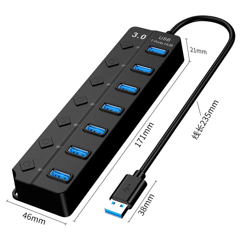 Black 7-port USB 3.0 hub with external power supply for high-speed data transfer
