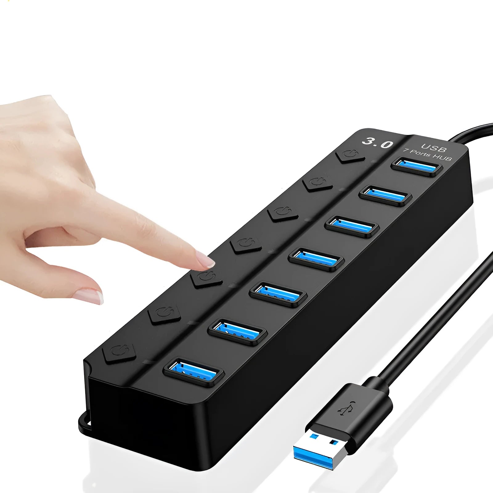 Black 7-port USB 3.0 hub with external power supply for high-speed data transfer