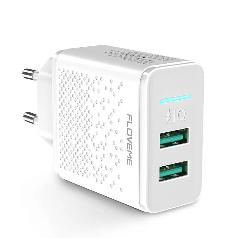 Dual port USB charger with EU plug in black or white colour charging two mobile devices