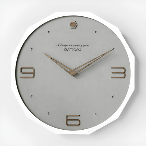 12-inch round Nordic minimalist wall clock with perforated metal face in a choice of four colours.