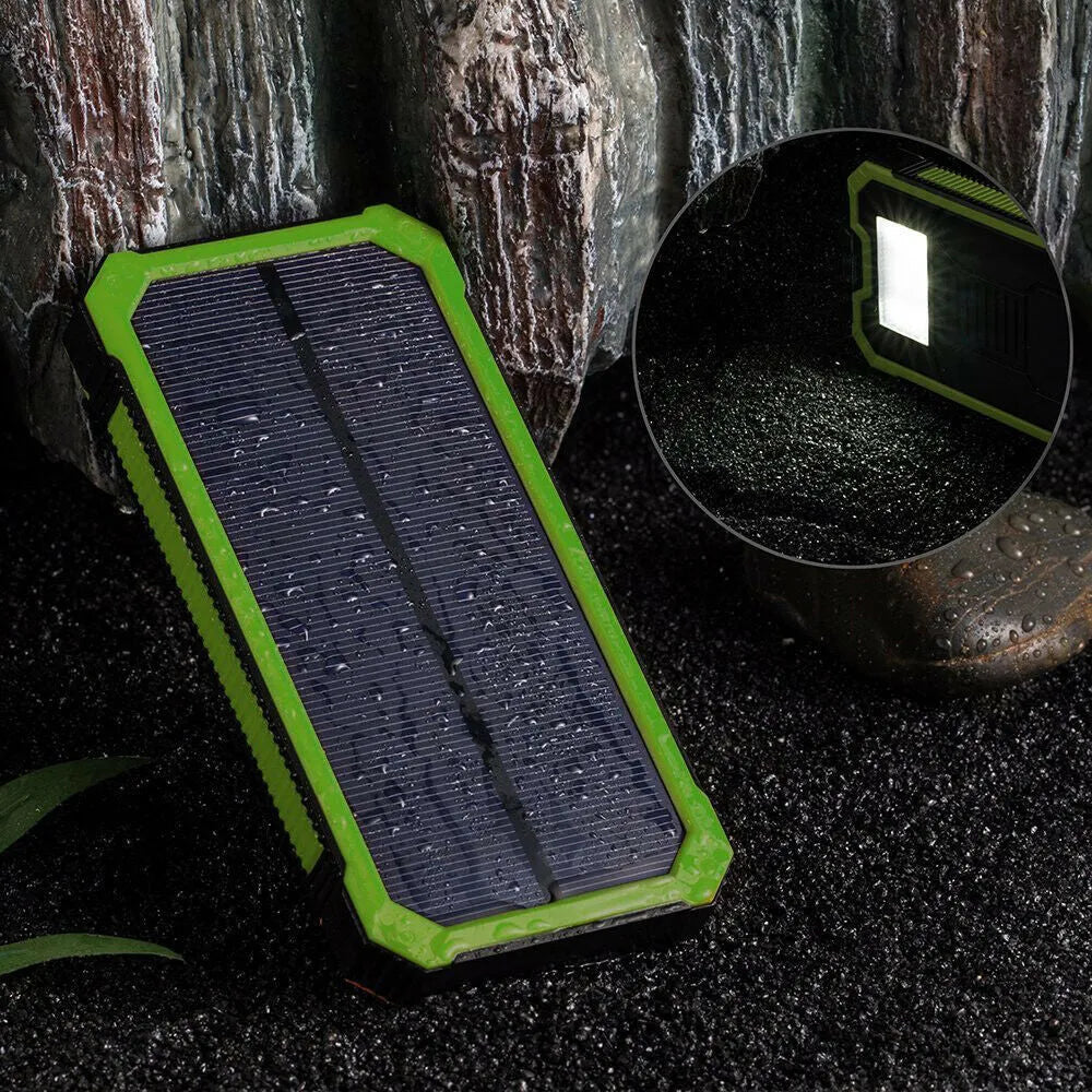 Orange three-proof solar power bank showing USB ports and solar panel, dimensions 161mm by 79mm.