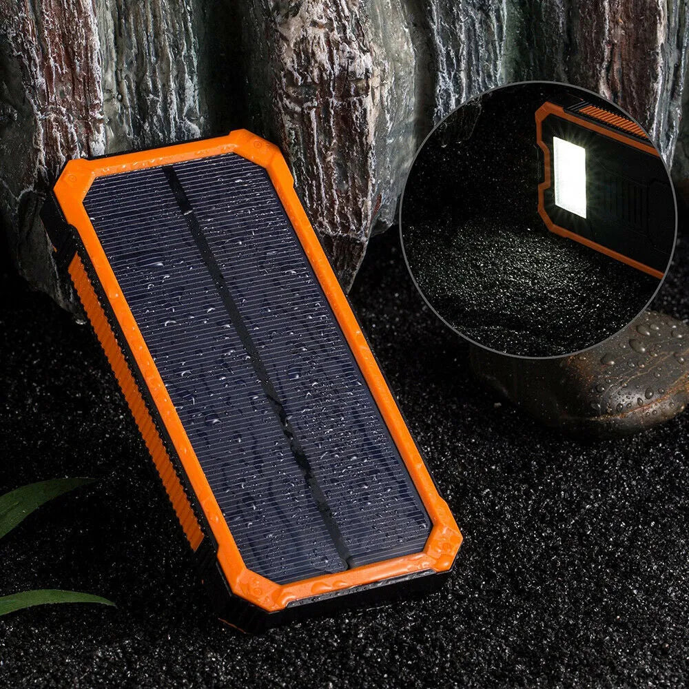 Orange three-proof solar power bank showing USB ports and solar panel, dimensions 161mm by 79mm.