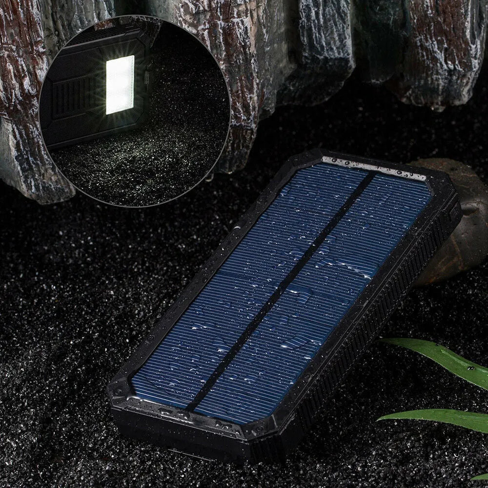 Orange three-proof solar power bank showing USB ports and solar panel, dimensions 161mm by 79mm.