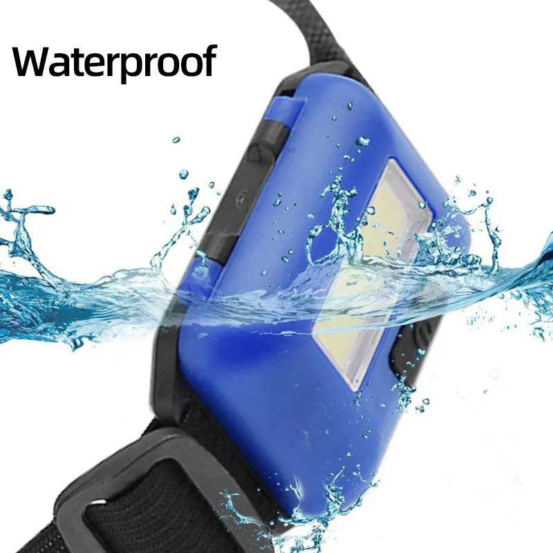 Outdoor mini COB LED headlight in black colour on adjustable polyester strap.