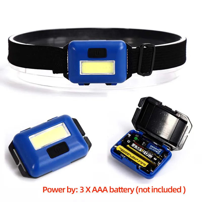 Outdoor mini COB LED headlight in black colour on adjustable polyester strap.