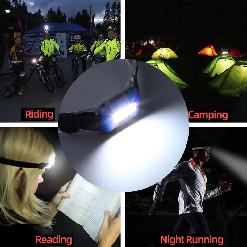 Outdoor mini COB LED headlight in black colour on adjustable polyester strap.