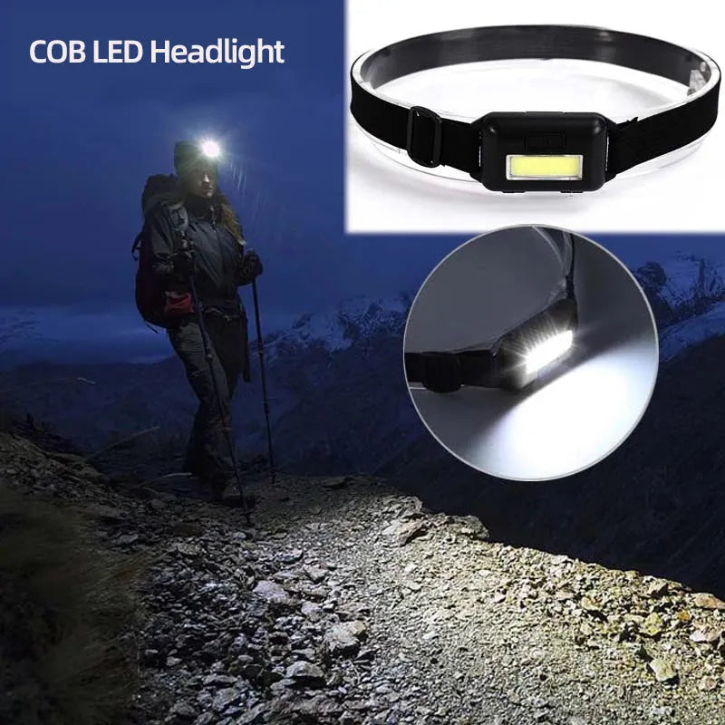 Outdoor mini COB LED headlight in black colour on adjustable polyester strap.