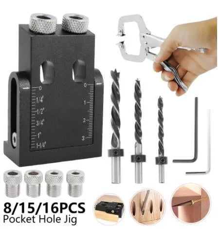 Black aluminium alloy woodworking perforation locator tool with 15-degree angle sleeve for 6mm, 8mm, 10mm drill bits.