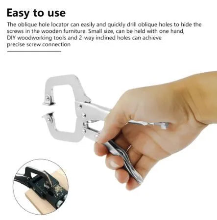 Black aluminium alloy woodworking perforation locator tool with 15-degree angle sleeve for 6mm, 8mm, 10mm drill bits.