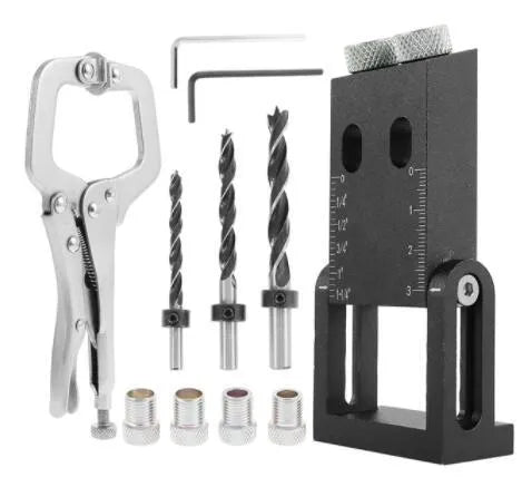 Black aluminium alloy woodworking perforation locator tool with 15-degree angle sleeve for 6mm, 8mm, 10mm drill bits.