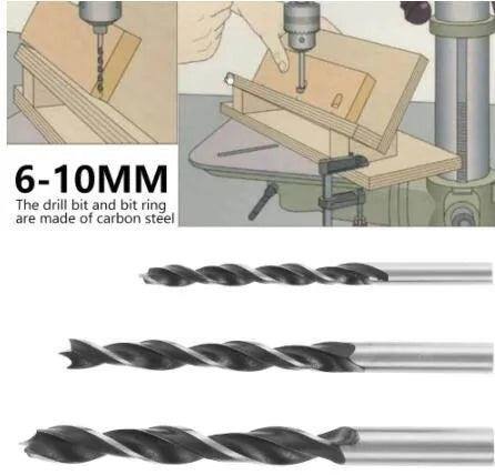Black aluminium alloy woodworking perforation locator tool with 15-degree angle sleeve for 6mm, 8mm, 10mm drill bits.