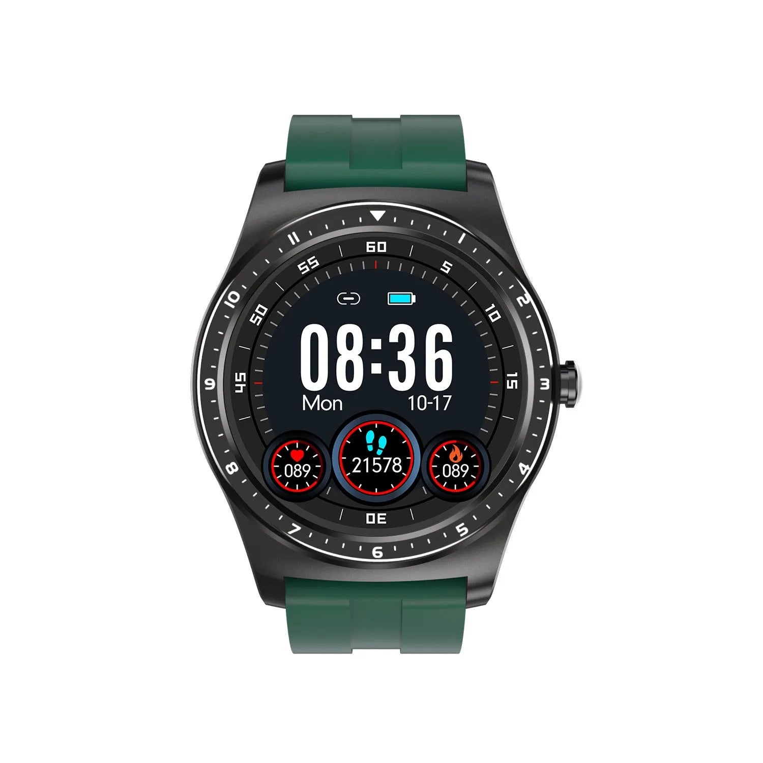 Black full circle touch screen fitness smart watch with silicone strap on a wrist.