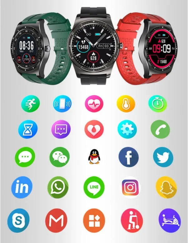 Black full circle touch screen fitness smart watch with silicone strap on a wrist.