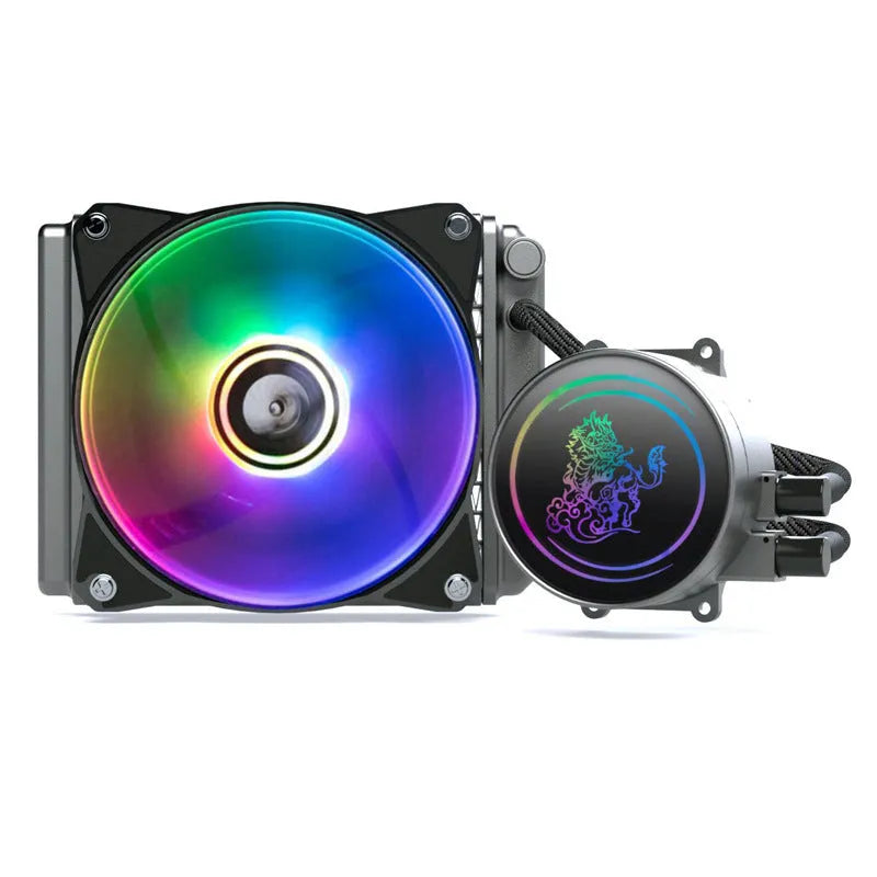 Kirin 240 CPU water cooling radiator with ARGB fan showing colourful lighting and copper-aluminum construction