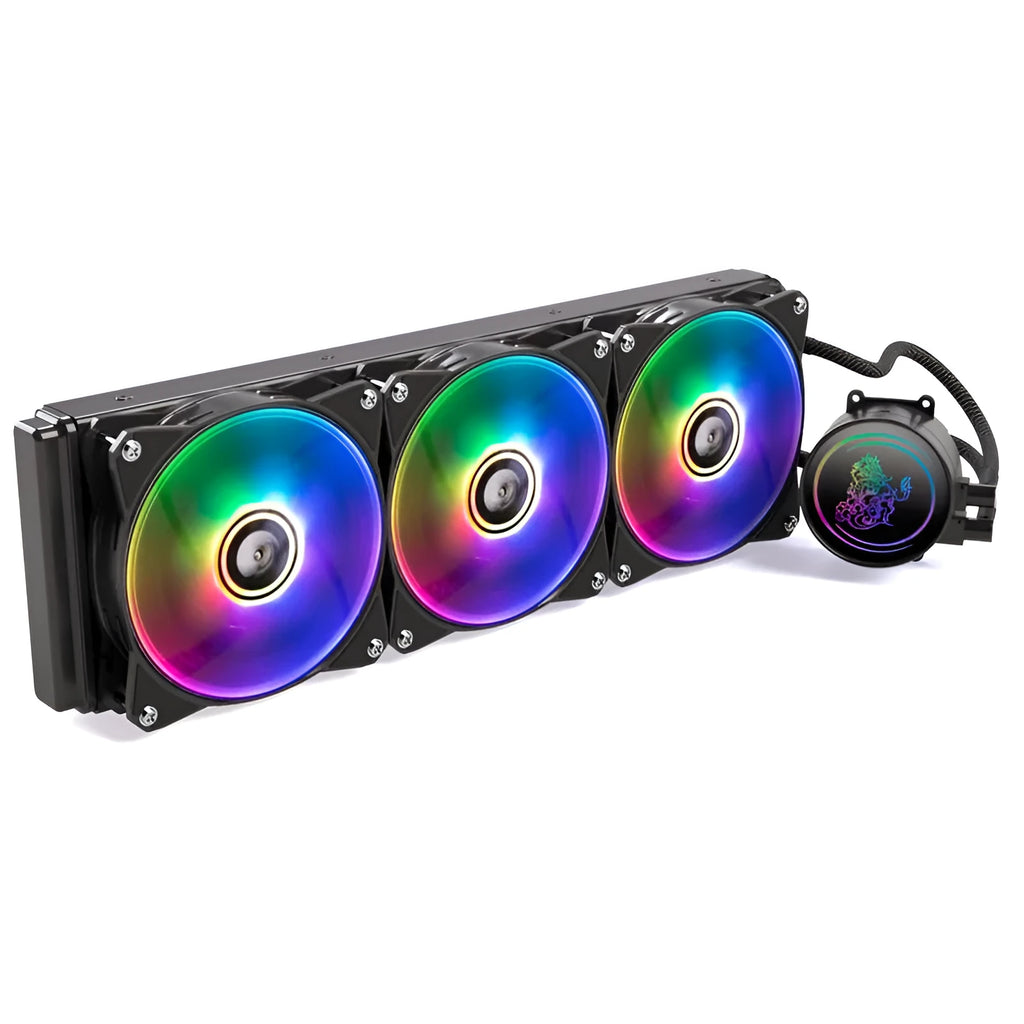 Kirin 240 CPU water cooling radiator with ARGB fan showing colourful lighting and copper-aluminum construction