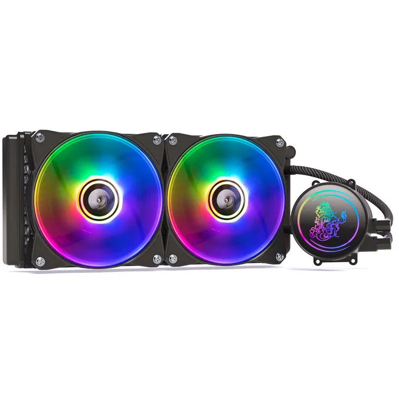 Kirin 240 CPU water cooling radiator with ARGB fan showing colourful lighting and copper-aluminum construction