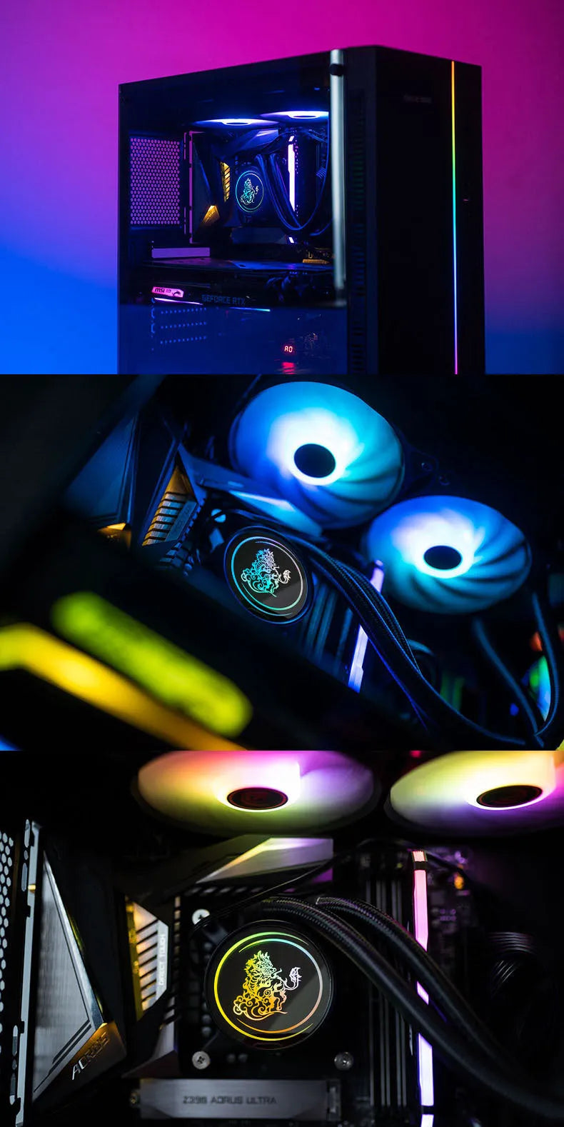 Kirin 240 CPU water cooling radiator with ARGB fan showing colourful lighting and copper-aluminum construction